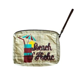 Mona B NWOT tan canvas bag with leather strap “Beach O’Holic”